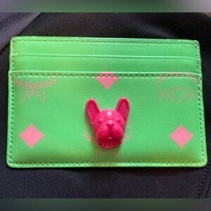 MCM Neon Green Card Holder with Pink Bulldog Charm